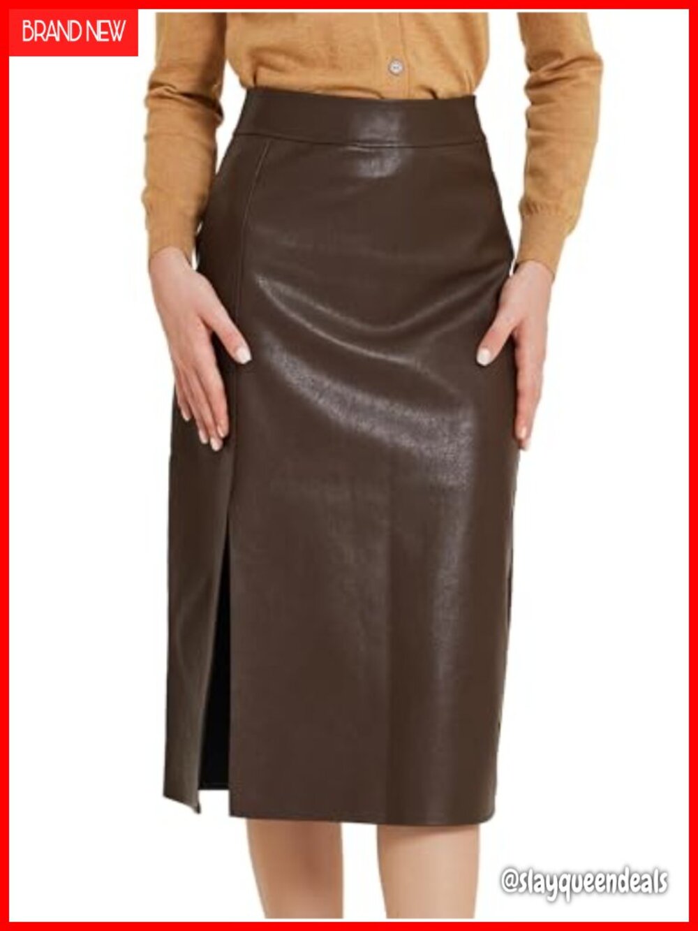 Faux Leather High Waist Bodycon Pencil Skirt Midi Side Slit